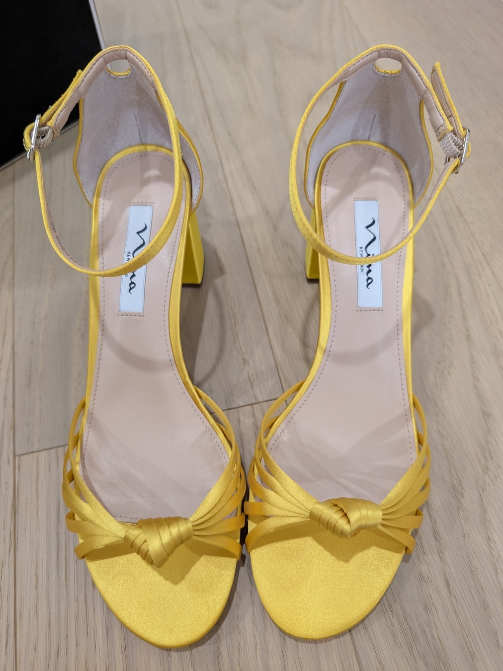 Nina New York Yellow Satin Ankle-Strap Block Heel Sandals (Size 9.5)